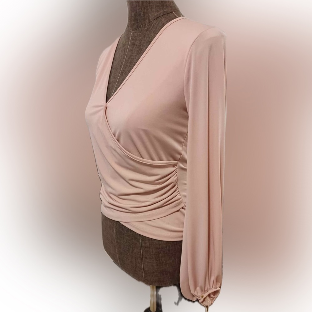 Line Of Style Soft Pink Long Sleeve Surplice Faux Wrap Top Size S
